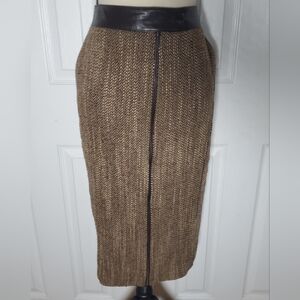 Lafayette 148 Womens Tweed Leather Piping Hip Pockets Two Way Zip Pencil Skirt